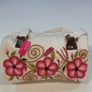 Floral Embroidered White and Pink Women's Bag